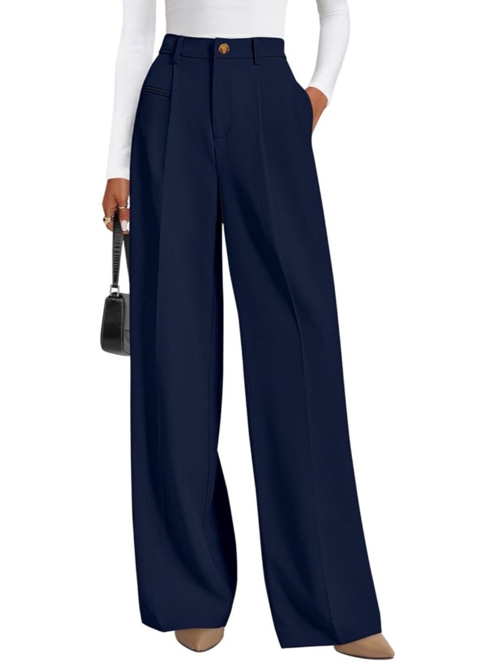 Women's Navy Business Casual Flowy Work High Waisted Wide Leg Dress Pants